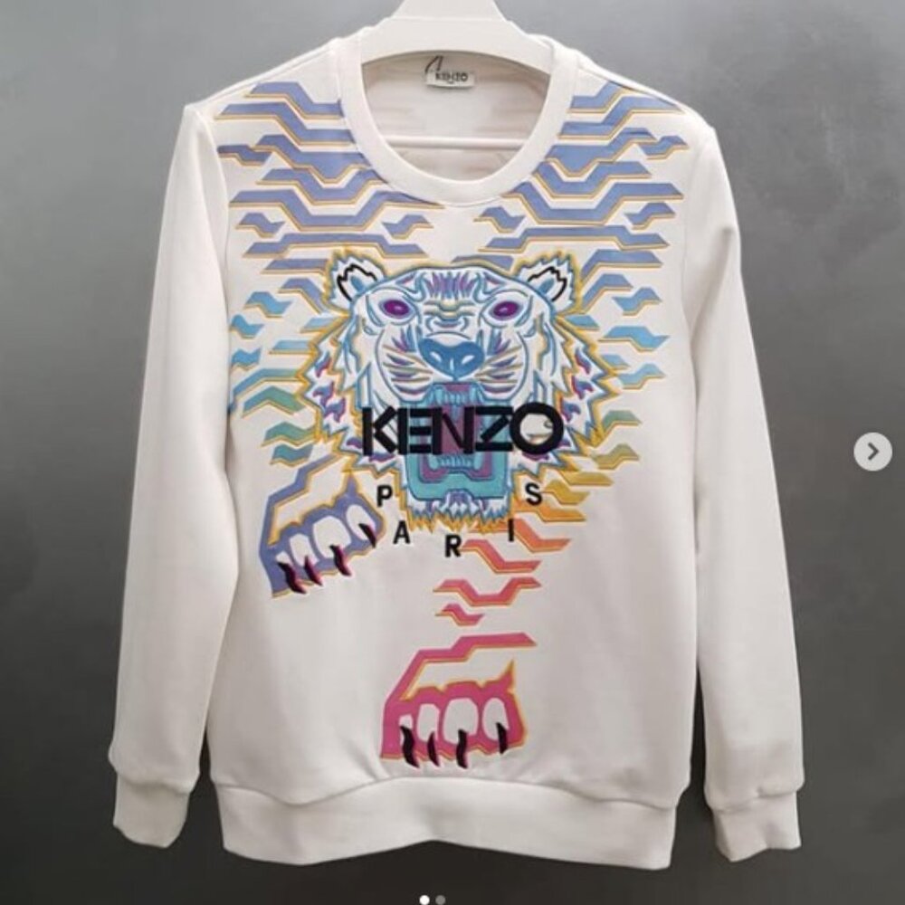 Kenzo Rainbow Geo Tiger Embroidered Crewneck White Auth. Limited Edition - Large